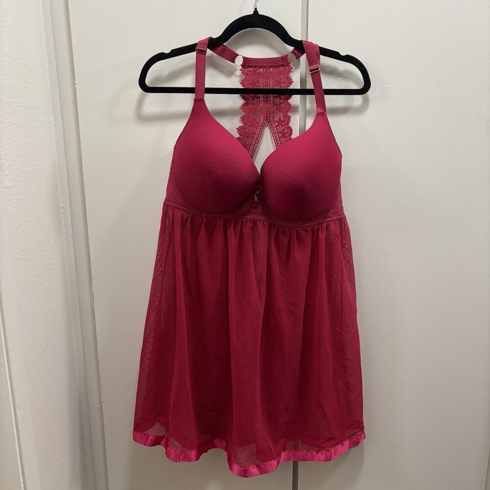 Daisy Fuentes Sz 1X Pink Red Babydoll Lingerie Chemise Slip Sheer Lace Crochet